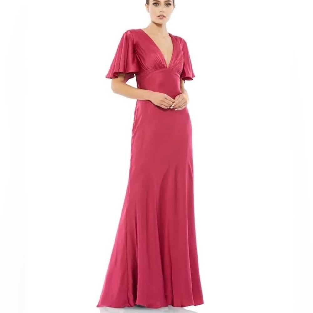 MAC DUGGAL Size 2 Long Train Magenta Dress V Beck Flounce Sleeve Bloomingdale’s